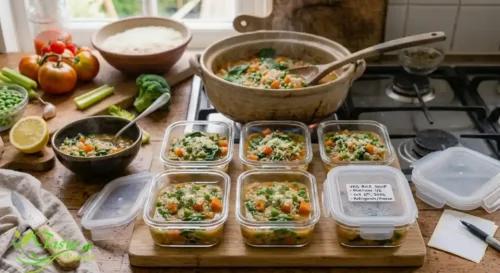 Vegetable rice soup portioned into shallow containers for storing