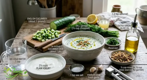 Ingredients for tarator soup yogurt, cucumber, garlic, dill, walnuts, and olive oil