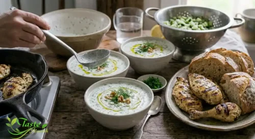 Tarator soup served alongside grilled chicken and crusty bread