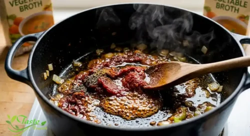 Tomato paste and spices toasting in olive oil