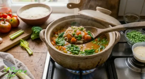 Spoonful of vegetable rice soup showing tender rice and vegetables