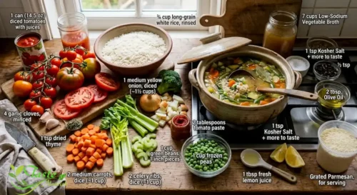 Fresh vegetables, rice, and tomatoes arranged for vegetable rice soup
