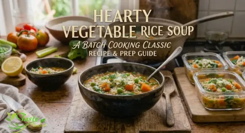Hearty vegetable rice soup in a bowl with the recipe title overlay