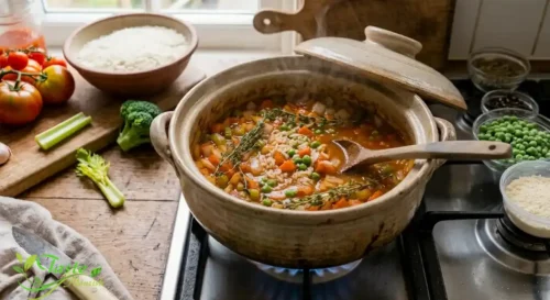 Vegetable rice soup gently simmering in a large pot