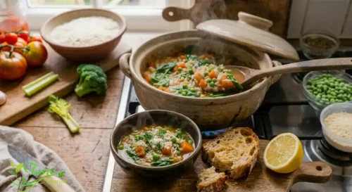 Vegetable rice soup served with crusty bread and a lemon wedge