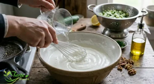 Smooth yogurt base being whisked with cold water in a large bowl